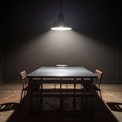 Dark Interrogation Room with Hanging Lamp and Metal Table