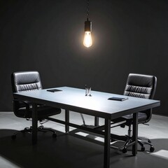 Dark Interrogation Room with Hanging Lamp and Metal Table