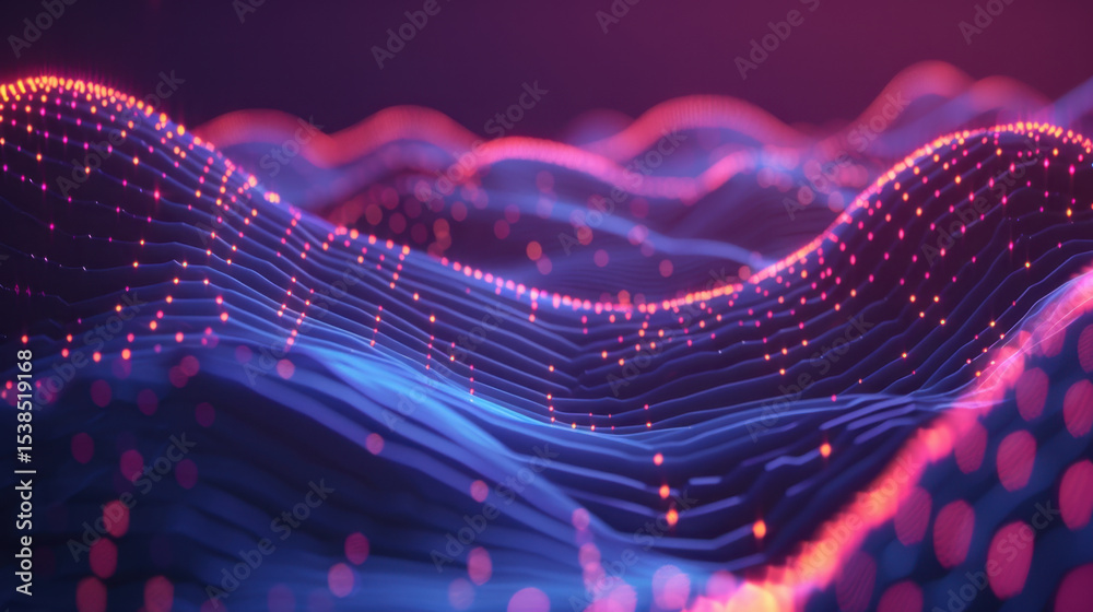 Poster colorful digital wave pattern with glowing dots creates mesmerizing visual effect, representing data