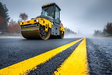 Steamroller flattening fresh asphalt on a wet road during roadworks