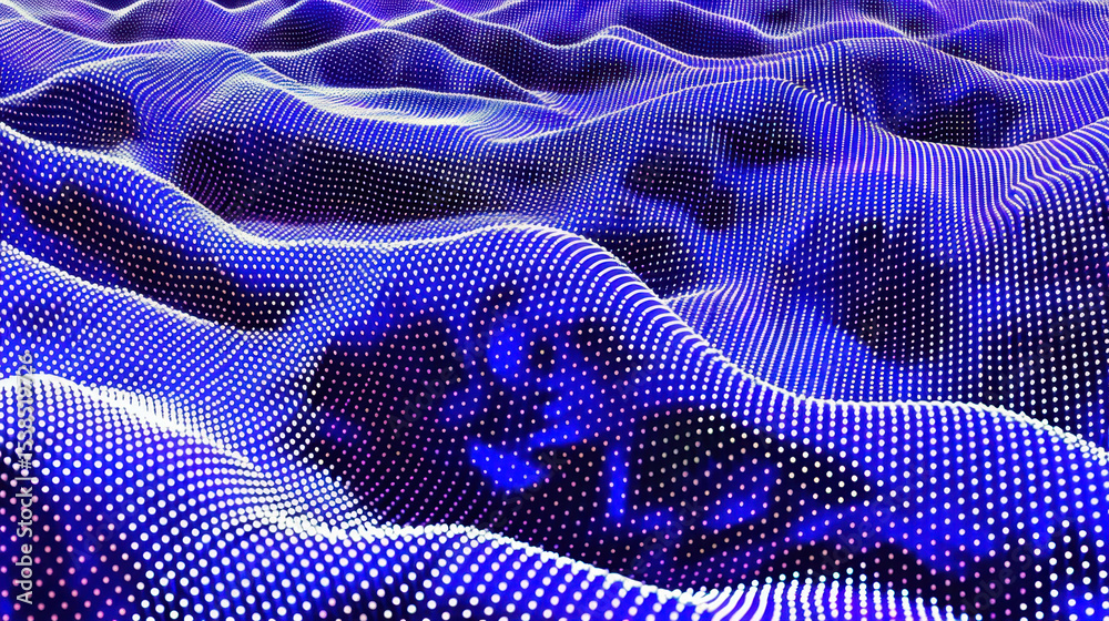 Poster abstract wave pattern with flowing binary code in vibrant blue tones, creating mesmerizing digital l