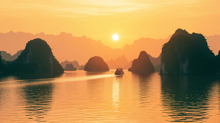 A serene sunset photograph of Ha Long Bay in Vietnam, featuring dramatic limestone karst formations silhouetted against a golden-orange sky.
