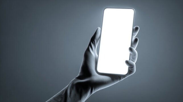 A hand holding a modern smartphone with a blank screen against a dark background.