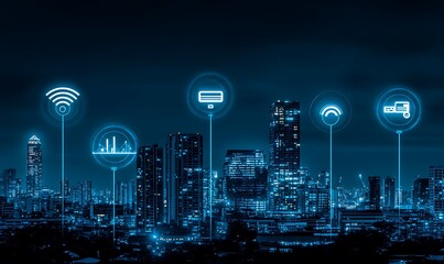 Futuristic cityscape displays wireless communication and digital technology
