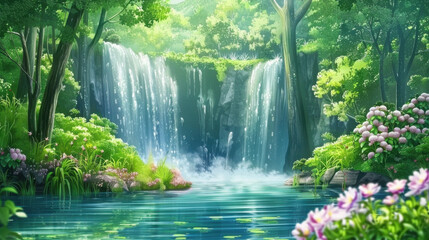 Serene waterfall cascades into tranquil pool, surrounded by lush greenery and vibrant flowers, creating peaceful natural oasis