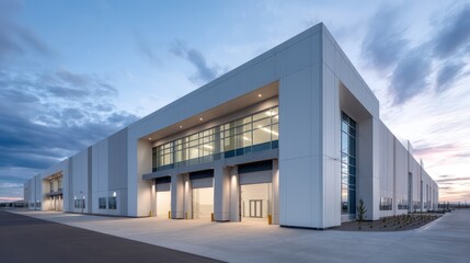 Modern distribution hub with glossy white aluminum panels, bay doors open to reveal rows of storage racks fluorescent