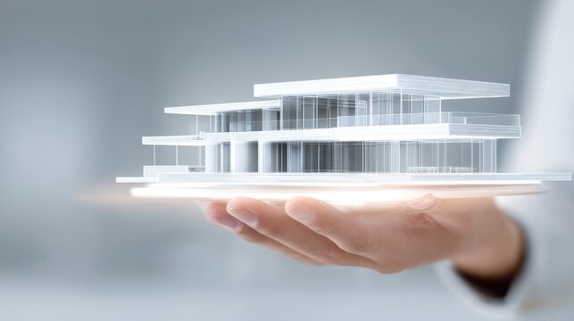 A hand holding a transparent modern building model, showcasing architectural design.
