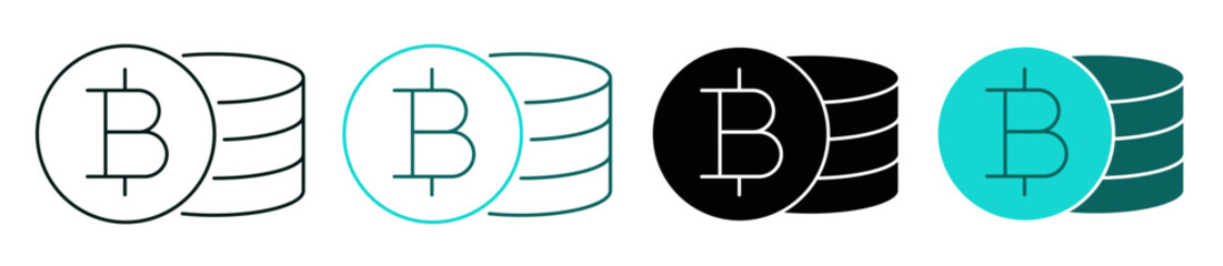 Stack of Bitcoin coins symbol. Money, cryptocurrency, business or investment concept. Flat sign of pile of bitcoins. Icon set. Color or black logo for web, ui, or mobile app. Editable vector stroke.