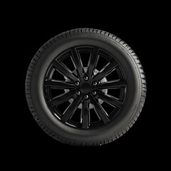 Obraz premium Black Alloy Wheel with Tire Against Dark Background for Automotive Display