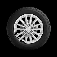 Obraz premium Close-Up of Glossy White Alloy Wheel on Black Tire Background