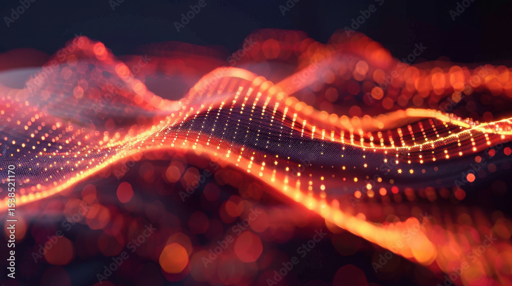 Poster dynamic abstract wave pattern with glowing dots and lines in red and orange hues, creating sense of 