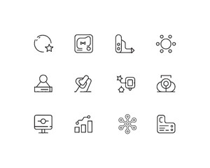 Line icon such as a circular arrow with a star, a video player, a gaming controller, a circular pattern of dots, a figure seated at a desk, a heart-shaped figure, a camera with lens, electronic device