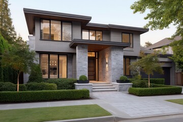 Fototapeta premium Refined modern residence with ash-gray siding polished stone base, boxwood shrubs dotting front yard, captured in calm dusk
