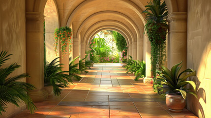 Fototapeta premium Serene hallway with arched doorways, adorned with lush greenery and vibrant plants, creates tranquil atmosphere