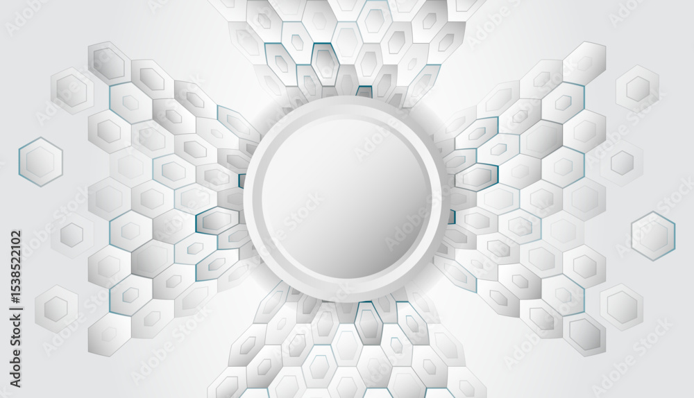 Poster Abstract background with 3D hexagons and a central circular frame for text. Futuristic gray design, perfect for technical, scientific or medical presentations and banners.