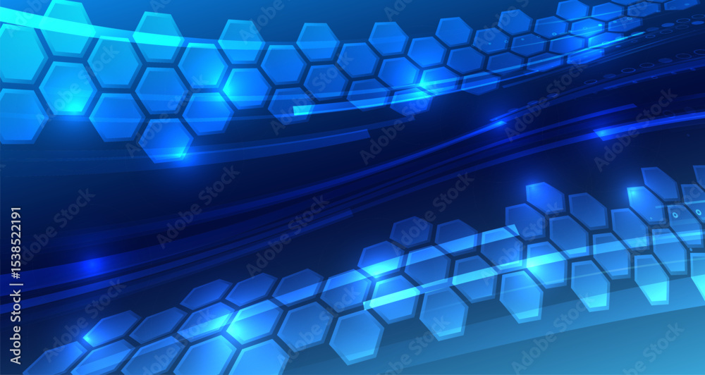 Poster abstract background with hexagonal shapes and glowing lines in blue tones. technological and futuris