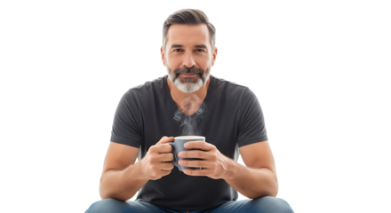 Man Enjoying Hot Drink Smiling While Relaxing Indoors