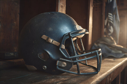 Vintage football helmet resting on wooden bench in locker room - Powered by Adobe