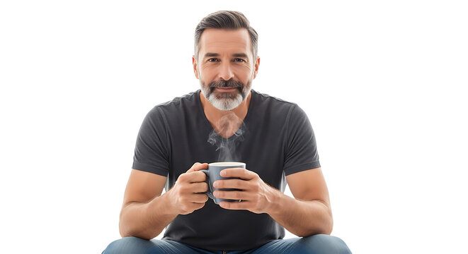 Man Enjoying Hot Drink Smiling While Relaxing Indoors