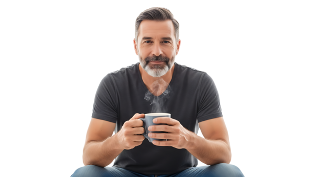Man Enjoying Hot Drink Smiling While Relaxing Indoors
