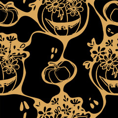 Seamless design of pumpkins and ghosts. Halloween pattern.