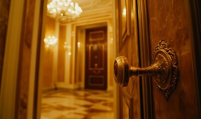 A golden ornate doorknob shows a glimpse into a hallway