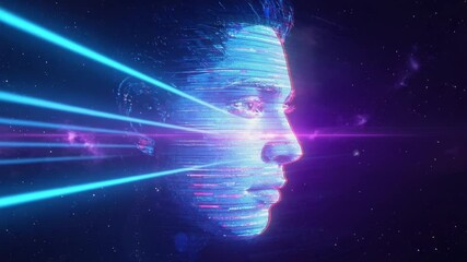 Close-up holographic face occasional data glitches, vertical light streaks memory scan beams, flickering expressions smile, surprise, futuristic aesthetic, smooth minimal cinematic live wallpaper - Powered by Adobe