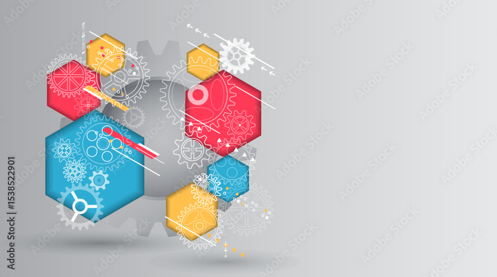 Poster modern abstract illustration with gears, lines and hexagonal shapes in red, blue and yellow on a gre
