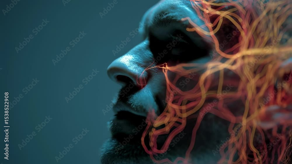 Poster glowing neural networks pulsating across human face, revealing intricate brain activity during compl