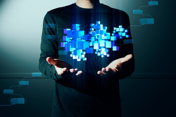 hand of businessman interactive touching a holographic of transaction financial network data...