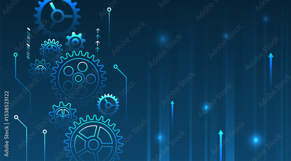 Aufkleber a dark blue tech background with colorful gears, diagrams and arrows symbolizing growth, progress an