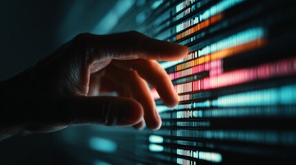 A hand interacting with a digital interface of colorful data streams.