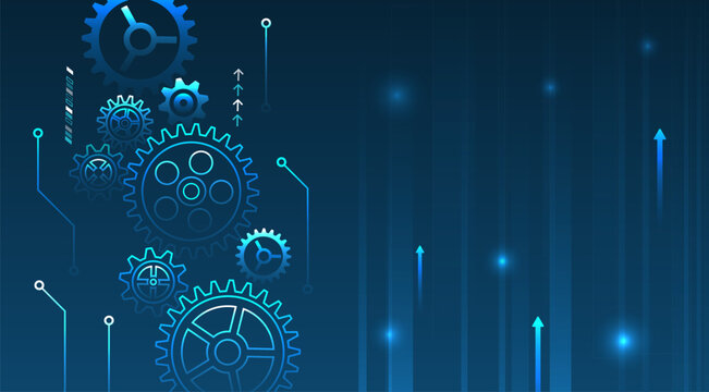 A dark blue tech background with colorful gears, diagrams and arrows symbolizing growth, progress and innovation. Suitable for automation, digital solutions and engineering technology themes.