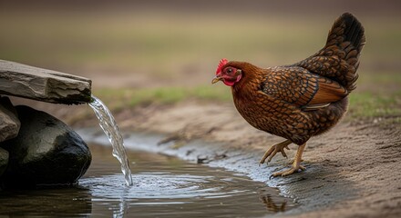 Naklejka premium A Hen Drinks from a Rustic Water Feature