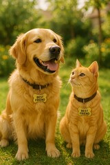Golden Retriever and Tabby Cat Best Friends Sitting in Sunny Garden Wearing Matching Collars with Best Friend Tags Photorealistic AI Image