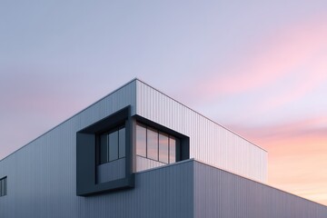 Streamlined industrial building with mist-gray metal siding powder-coated black accents soft pastel sky of dawn blends peach periwinkle,