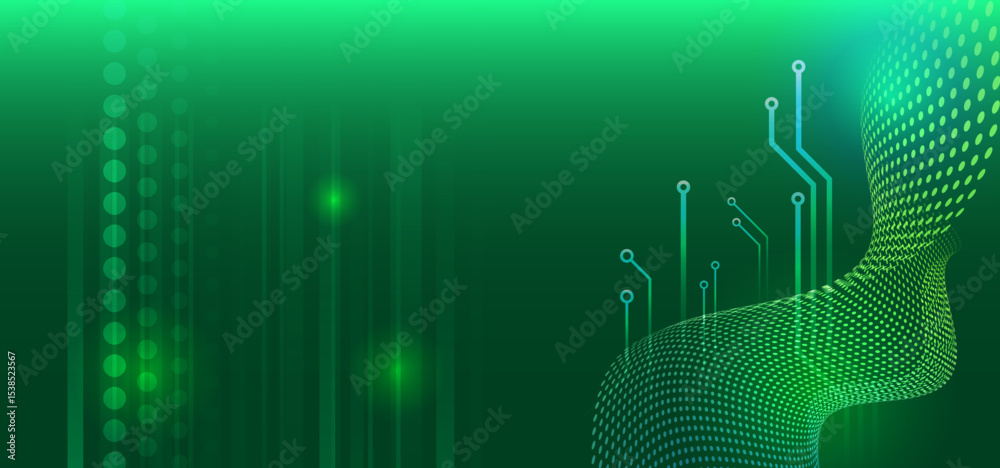 Poster modern green tech background with abstract dot wave, circuit board elements and glowing lines. ideal