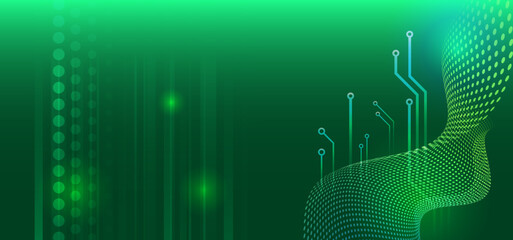 Modern green tech background with abstract dot wave, circuit board elements and glowing lines. Ideal for banners, web design, presentations and digital covers. © arthead
