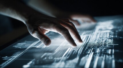 A hand interacting with a futuristic digital interface displaying complex data.
