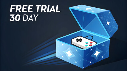 free trial 30 day vector featuring a radiant sapphire gift box revealing a gaming app, ultra-clean minimalist design, vibrant deep blues, sharp vector style, faint black background