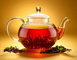 Bule de chá de vidro transparente, com folhas soltas, dentro e fora em ambiente com iluminação dourada. 