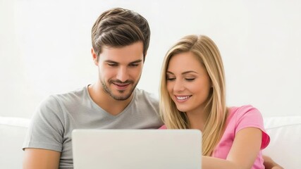 Happy couple joyfully checking product reviews on laptop with white background