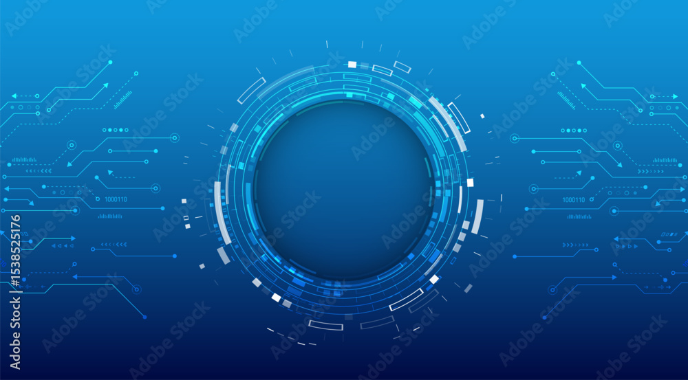 Poster futuristic blue digital background with abstract circuit lines and a circular hud interface. ideal f
