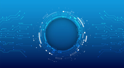 Obraz premium Futuristic blue digital background with abstract circuit lines and a circular HUD interface. Ideal for tech presentations, cybersecurity themes, and innovation-related designs.