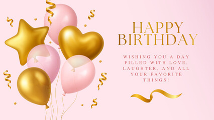 3d Balloon Happy Birthday Day Girl Party Pink Gold Element Gift Ball Balloons Icon Vector Invitation Card