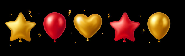 3d Balloon Gold Red Golden Luxury Confetti Element Gift StarHeart Ball Balloons Icon Vector Card