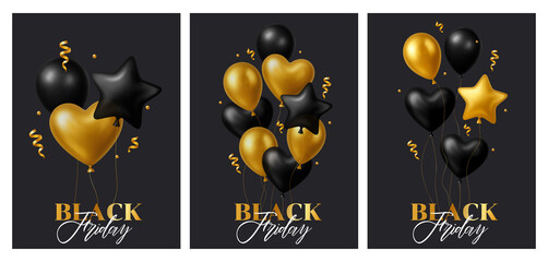 3d Balloon Black Friday Party Card Set Gift Gold Black Ball Balloons Vector Invitation Card Realistic Celebration