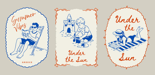 Summer Postcard Vintage Beach Whimsical Doodle Poster Set Sketch Travel Vector Vacation