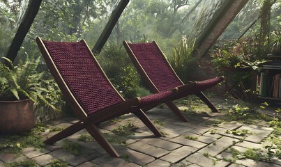 Two lounge chairs positioned inside a lush green greenhouse setting