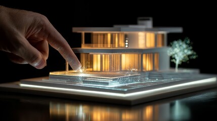A hand interacting with a model of a modern architectural design at night.